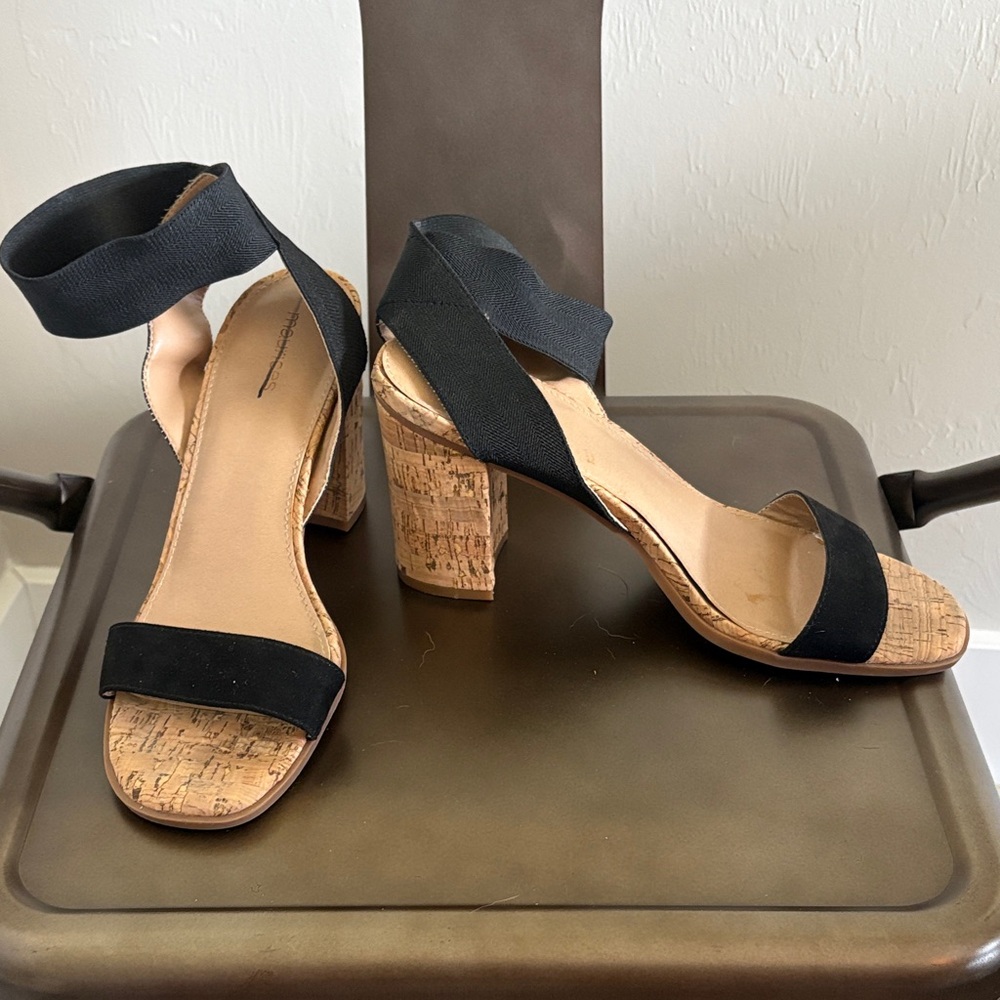 Maurices Black Cork Block Heel Ankle Wrap Sandals